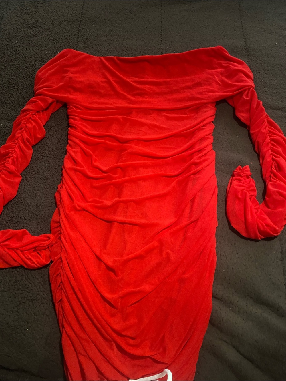 Fashion Nova Red Off-Shoulder Ruched Long Sleeve Dress